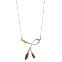 Collier entrelacé en ambre cognac, miel et gris, argent 925/1000 rhodié