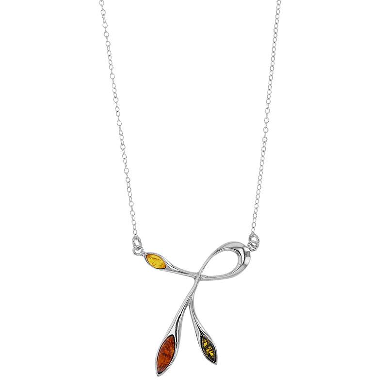 Collier entrelacé en ambre cognac, miel et gris, argent 925/1000 rhodié