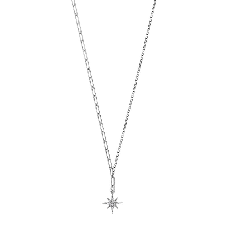 Collier étoile avec oxydes, chaîne maille rectangle et gourmette argent 925/1000 platiné