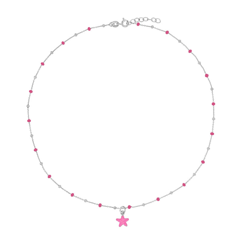 Collier étoile pailletée, boules émaillées fuchsia, argent 925/1000 rhodié