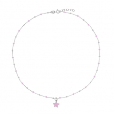 Collier étoile pailletée, boules rose clair émaillées, argent 925/1000 rhodié