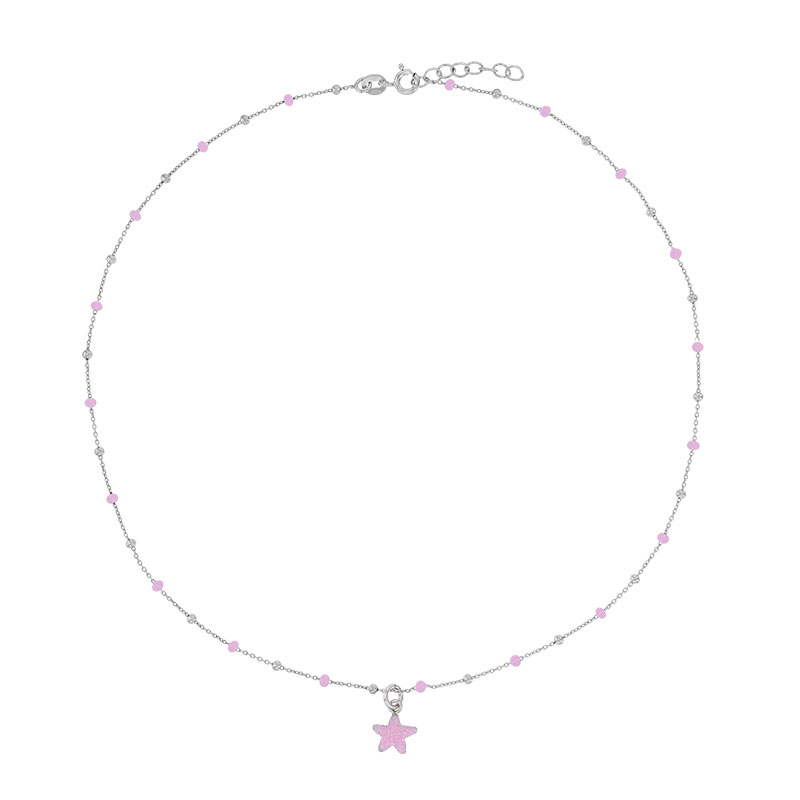Collier étoile pailletée, boules rose clair émaillées, argent 925/1000 rhodié
