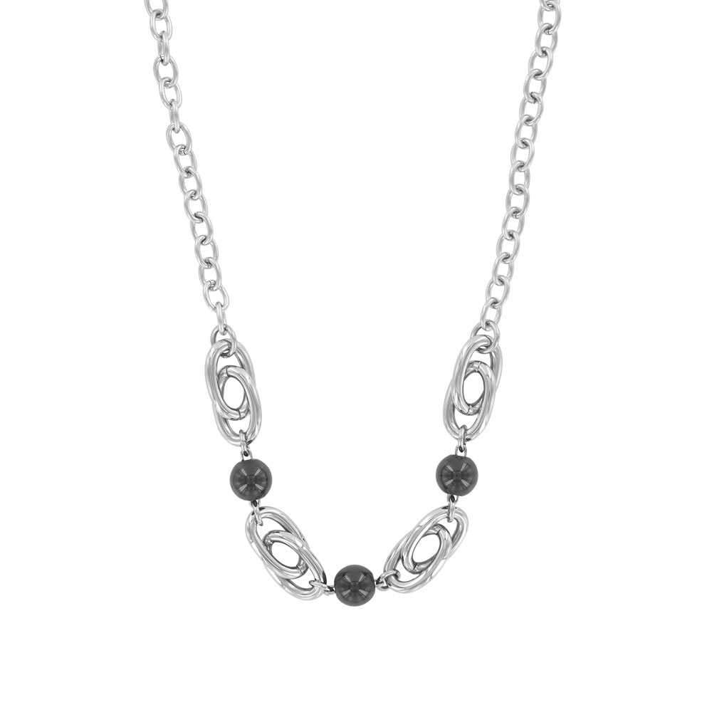 Collier femme acier et boules noires 45cm