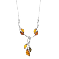 Collier feuille en ambre cognac, miel et gris, argent 925/1000 rhodié