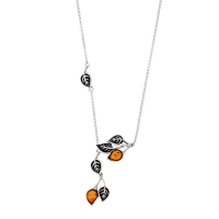 Collier feuilles en ambre cognac et argent vieilli, argent 925/1000 rhodié