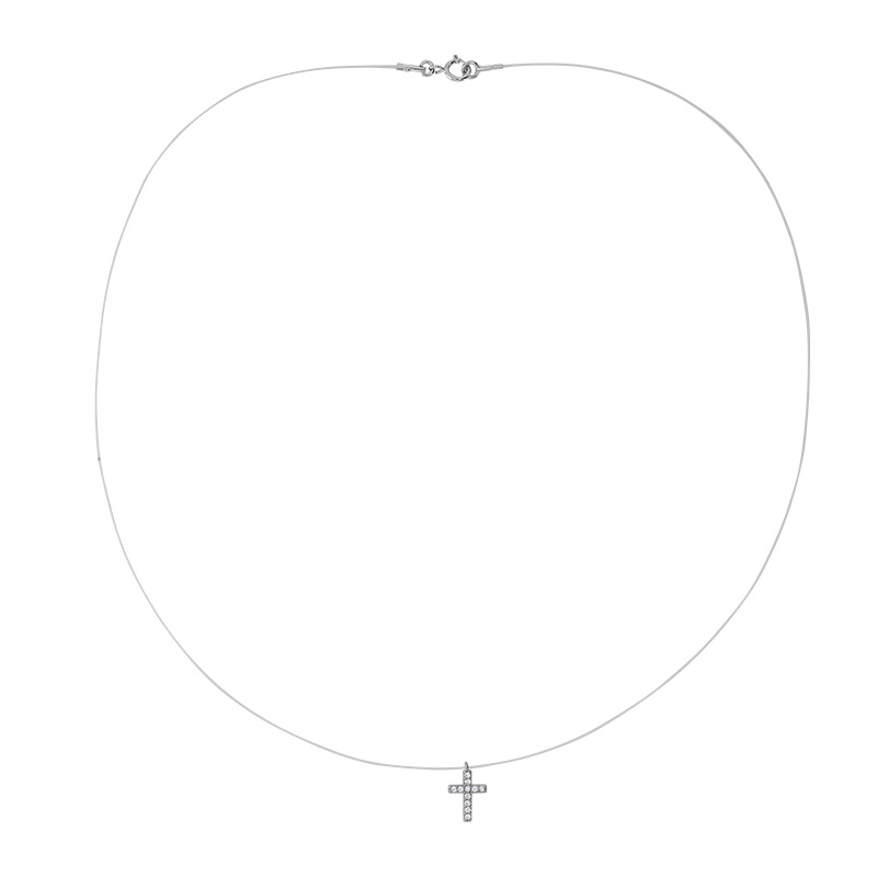 Collier fil nylon, croix pavée d'oxydes, argent 925/1000 rhodié