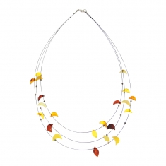 Collier fils nylon 3 rangs de pierres d'ambres forme lune, fermoir argent 925/1000 rhodié