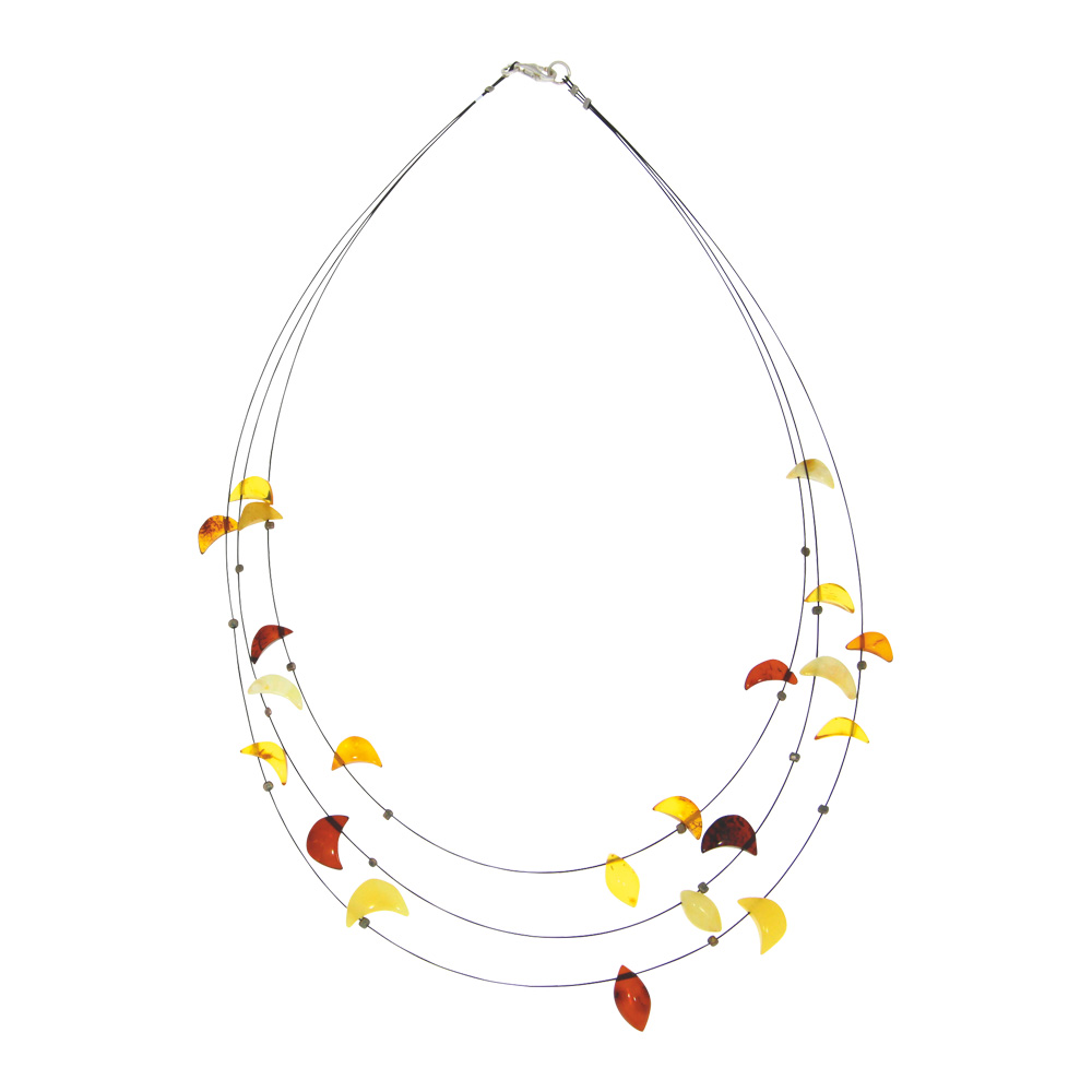 Collier fils nylon 3 rangs de pierres d'ambres forme lune, fermoir argent 925/1000 rhodié