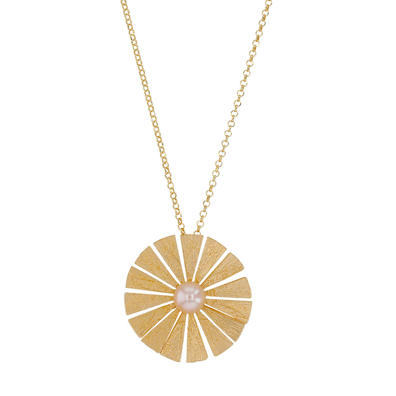 Collier fleur aspect ciselé, perle de culture d'eau douce, argent 925/1000 rhodié