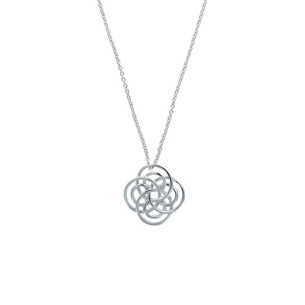 Collier fleur avec des cercles entrelacés style rosace en argent rhodié 925/1000
