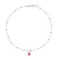 Collier fleur, boules émaillées fuchsia, argent 925/1000 rhodié