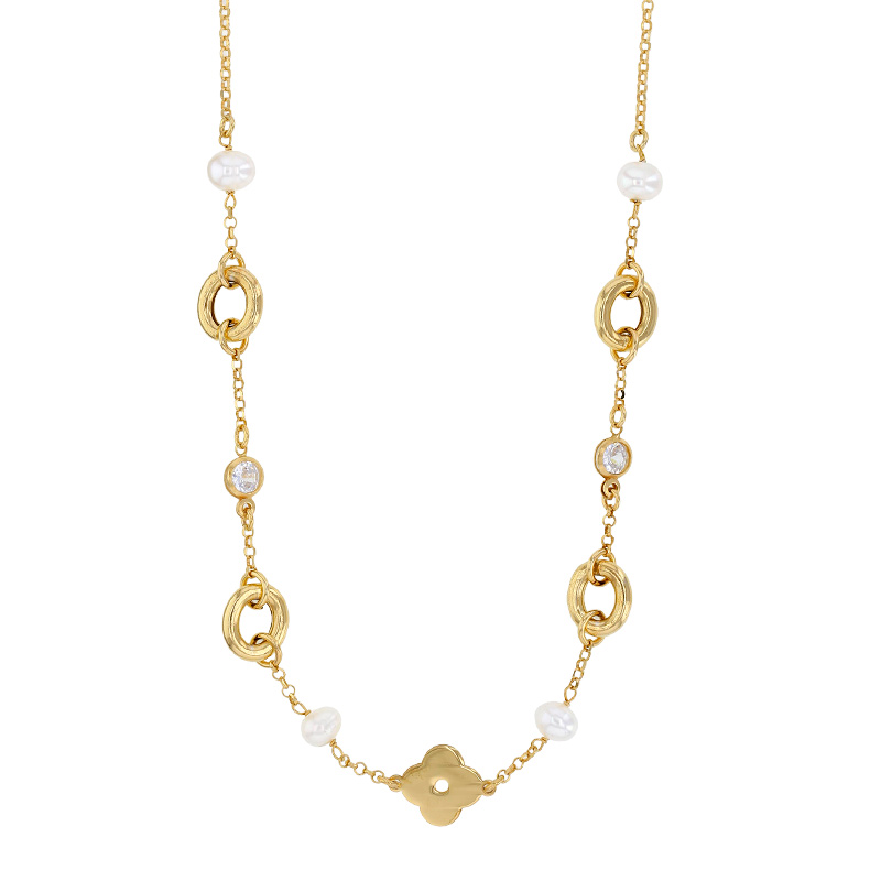 Collier fleur, 4 perles de culture d'eau douce, 4 ronds et 2 oxydes, argent 925/1000 doré