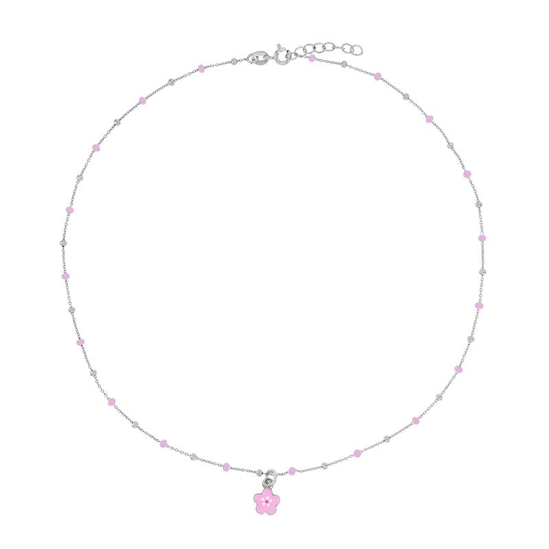 Collier fleur,boules émaillées rose clair, argent 925/1000 rhodié