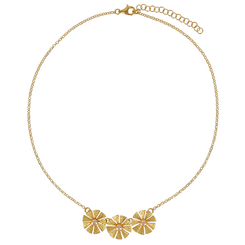 Collier 3 fleurs aspect ciselé, perle de culture d'eau douce, argent 925/1000 doré