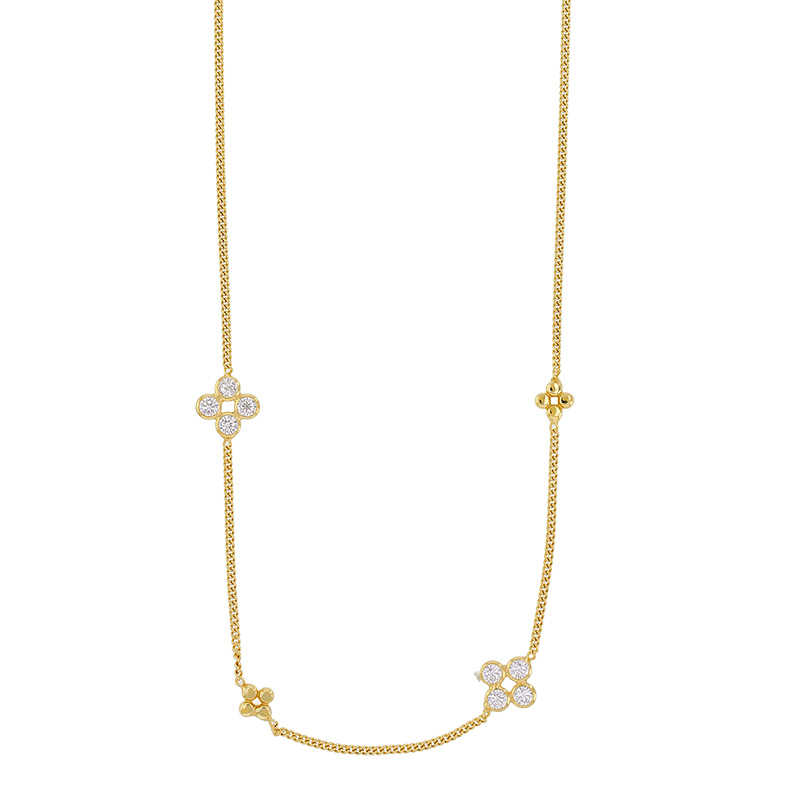 Collier 4 fleurs dont 2 avec oxydes maille forçat, argent 925/1000 doré