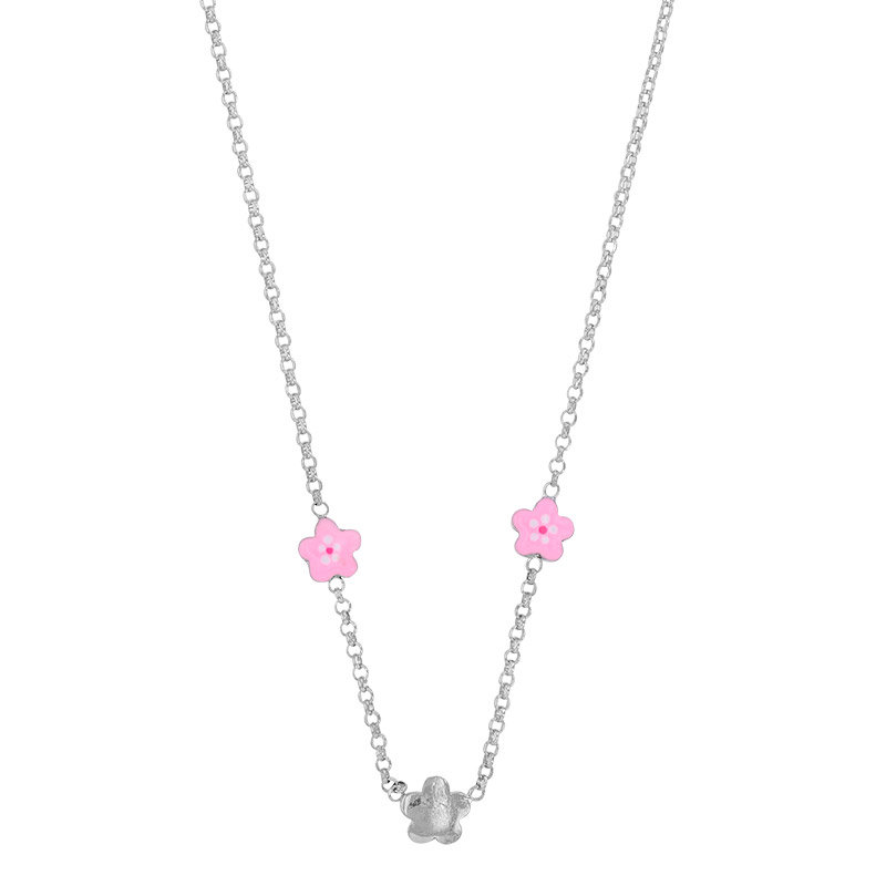 Collier 3 fleurs dont 2 émail rose et rouge argent 925/1000 rhodié