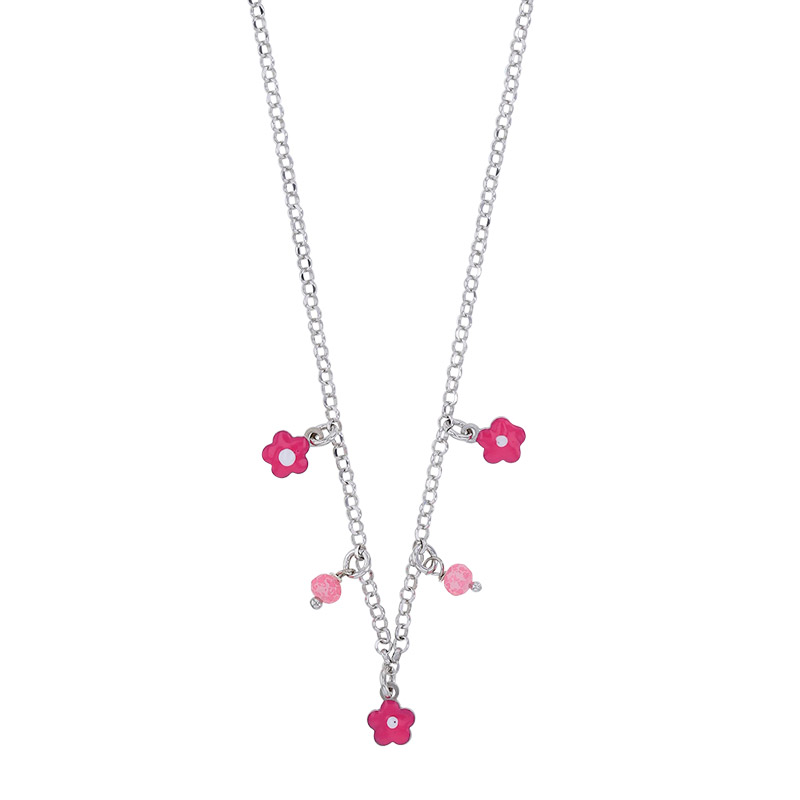 Collier 3 fleurs émail fuchsia et perles de verre rose pâle argent 925/1000 rhodié