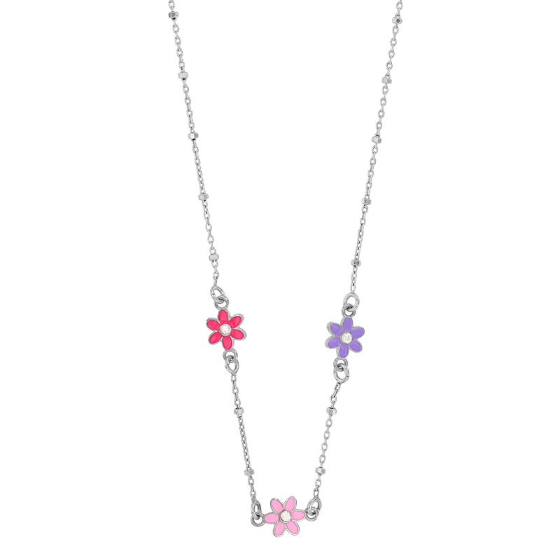 Collier 3 fleurs émail fuchsia, rose et violet en verre, argent 925/1000 rhodié