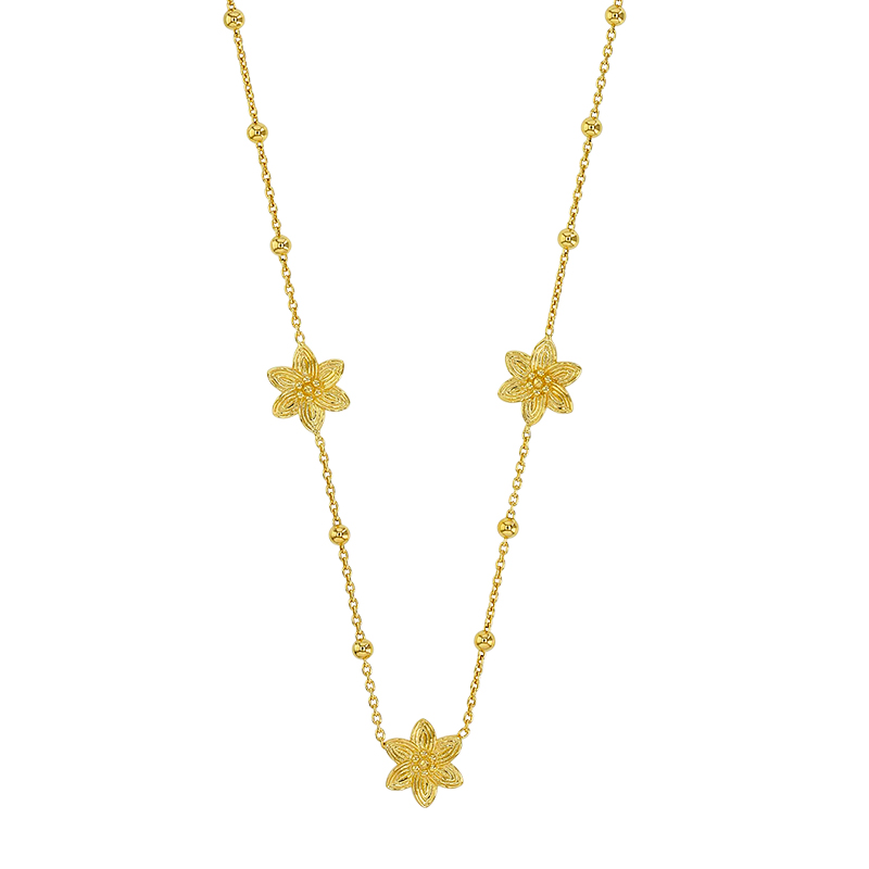 Collier 3 fleurs en relief et de boules, argent 925/1000 doré