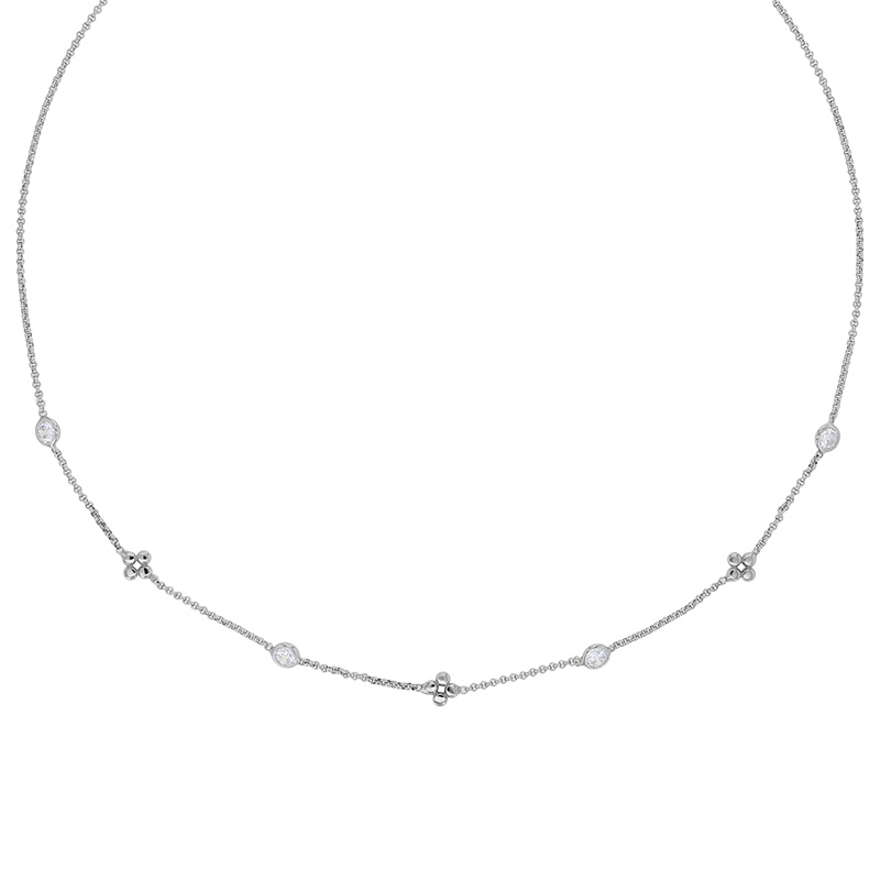 Collier 2 fleurs et 4 oxydes forme amande maille fantaisie, argent 925/1000 rhodié