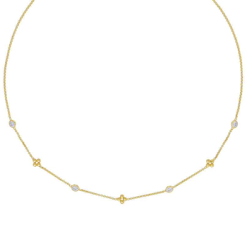 Collier 2 fleurs et 4 oxydes forme amande maille fantaisie, argent 925/1000 rhodié