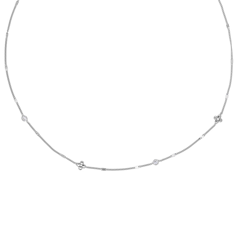 Collier 2 fleurs et 2 oxydes maille forçat argent 925/1000 rhodié
