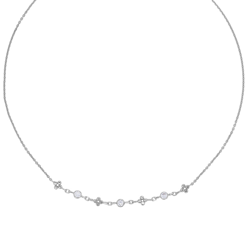 Collier 4 fleurs et 3 oxydes ronds maille forçat, argent 925/1000 rhodié