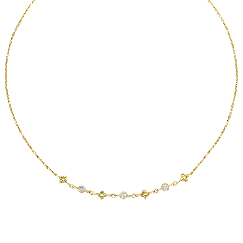 Collier 4 fleurs et 3 oxydes ronds maille forçat, argent 925/1000 rhodié