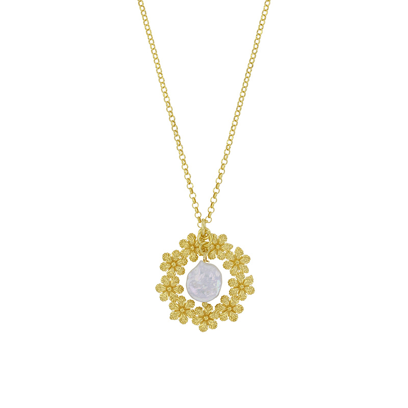 Collier fleurs orné de perle baroque en argent 925/1000 doré