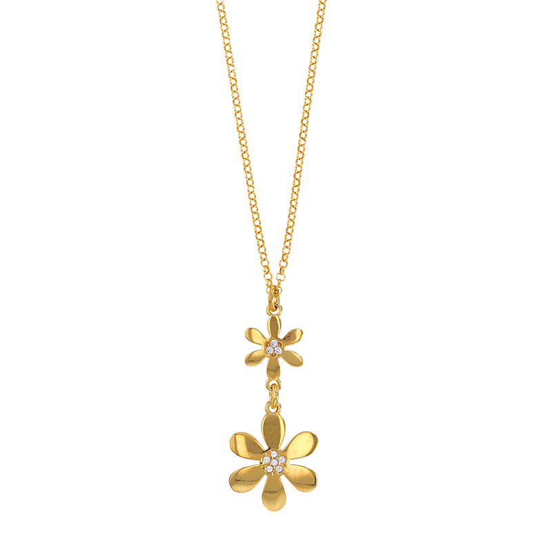 Collier 2 fleurs, ornées d'oxydes de zirconium, argent 925/1000 doré