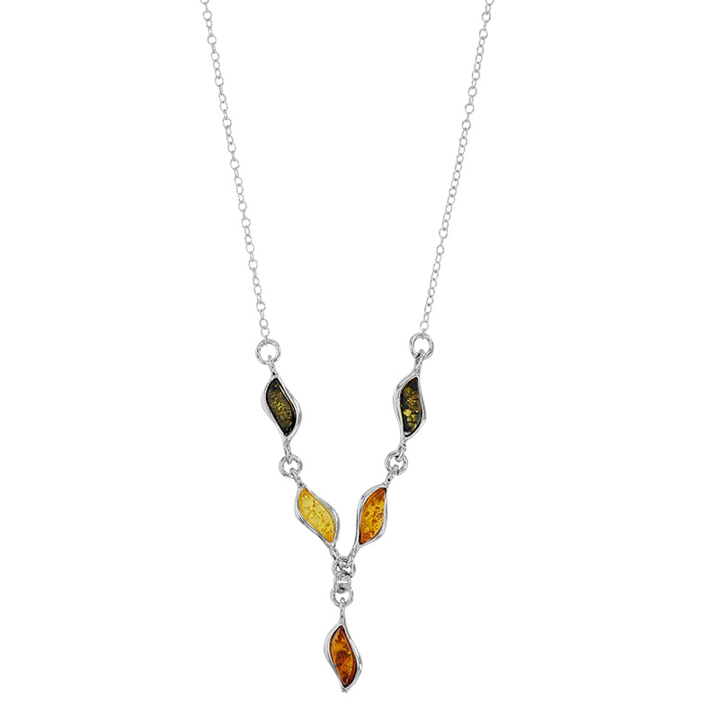 Collier forme amande en ambre cognac en argent 925/1000 rhodié