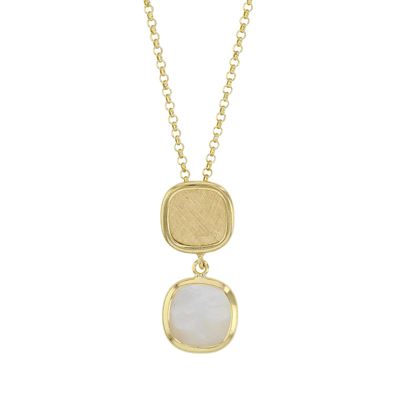 Collier forme carré en nacre et aspect brossé, argent 925/1000 doré