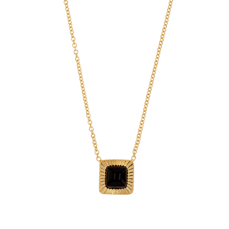 Collier forme carré strié, onyx noir, argent 925/1000 doré