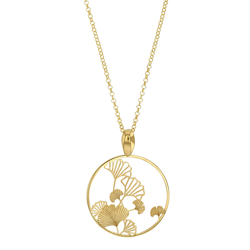 Collier forme cercle avec feuilles de ginkgo, argent 925/1000 doré