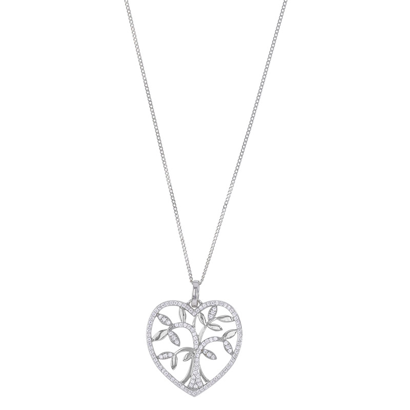 Collier forme coeur avec arbre de vie orné d'oxydes, argent 925/1000 rhodié