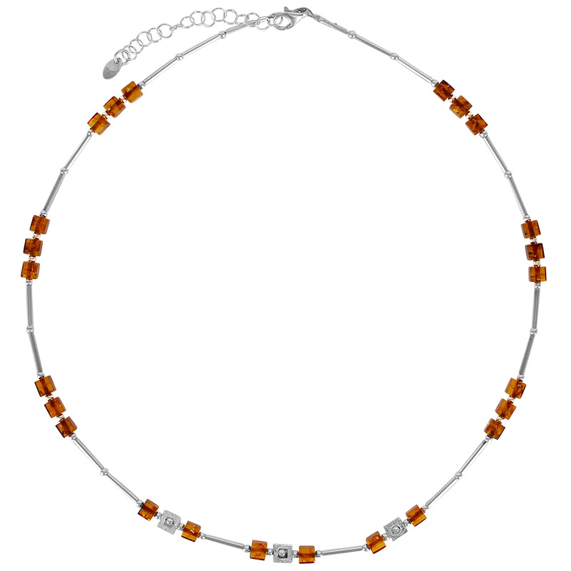Collier forme cube, ambre cognac en argent 925/1000