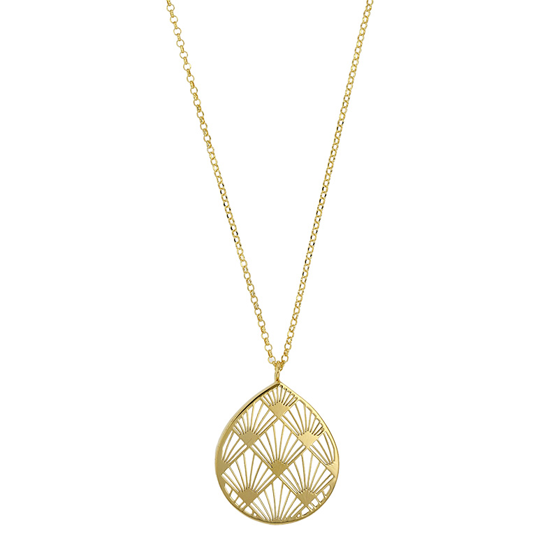 Collier forme goutte motif palmette orné d'oxydes en argent 925/1000 doré