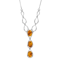 Collier forme ovale ajouré, 3 Ambres cognac en argent 925/1000 rhodié