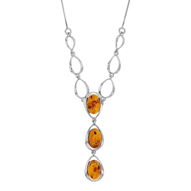 Collier forme ovale ajouré, 3 ambres cognac en argent 925/1000 rhodié