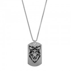 Collier forme plaque arrondie avec tête de loup 5 x 2,8cm maille pop-corn en acier