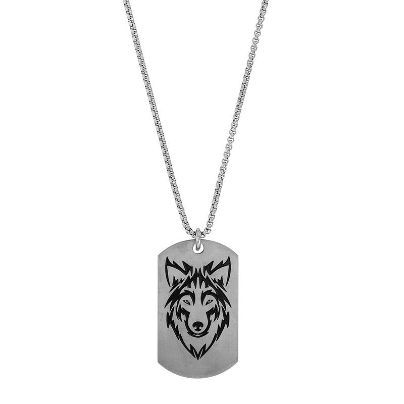 Collier forme plaque arrondie avec tête de loup 5 x 2,8cm maille pop-corn en acier