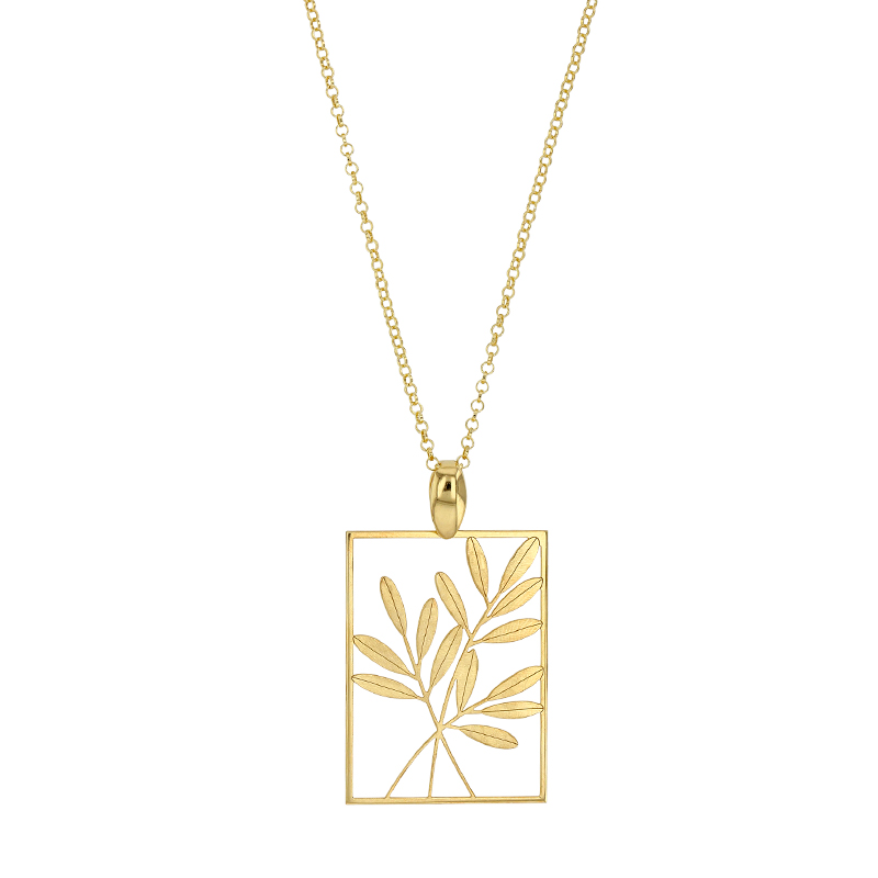 Collier forme rectangle avec branches feuillues, argent 925/1000 doré