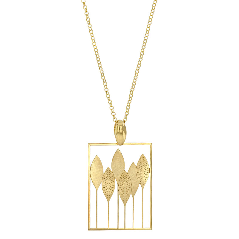Collier forme rectangle motif feuilles, argent 925/1000 doré