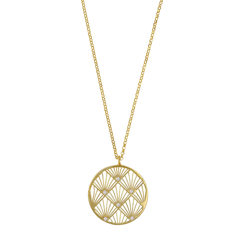 Collier forme ronde motif palmette orné d'oxydes en argent 925/1000 doré