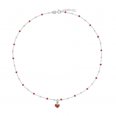Collier fraise, boules émaillées rouge, argent 925/1000 rhodié