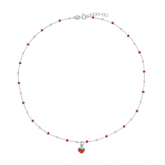 Collier fraise, boules émaillées rouge, argent 925/1000 rhodié