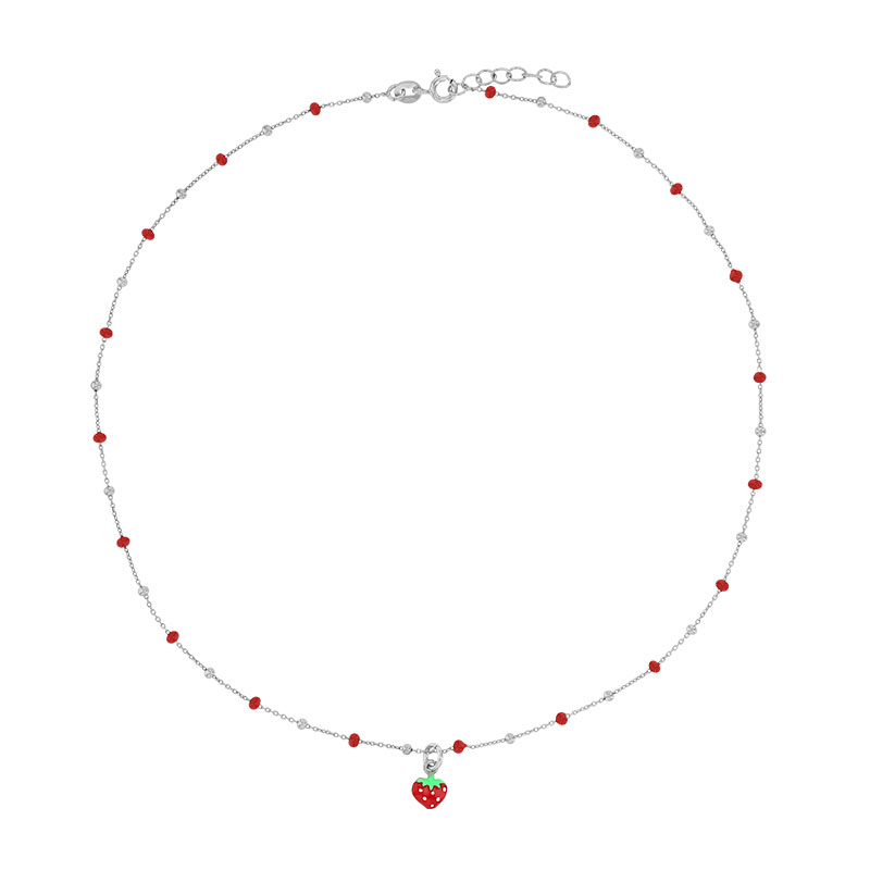 Collier fraise, boules émaillées rouge, argent 925/1000 rhodié