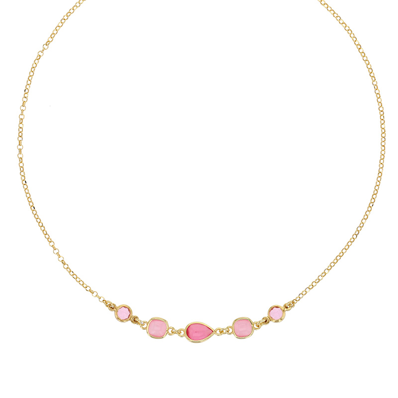 Collier , 1 goutte 2 carrés en oeil de chat blanc et rose, 2 rond oxydes rose argent 925/1000 doré