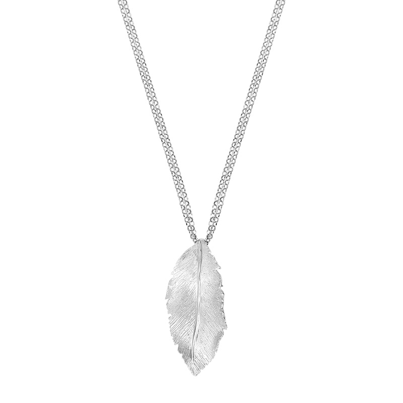 Collier grande feuille, chaîne double, argent 925/1000 platiné