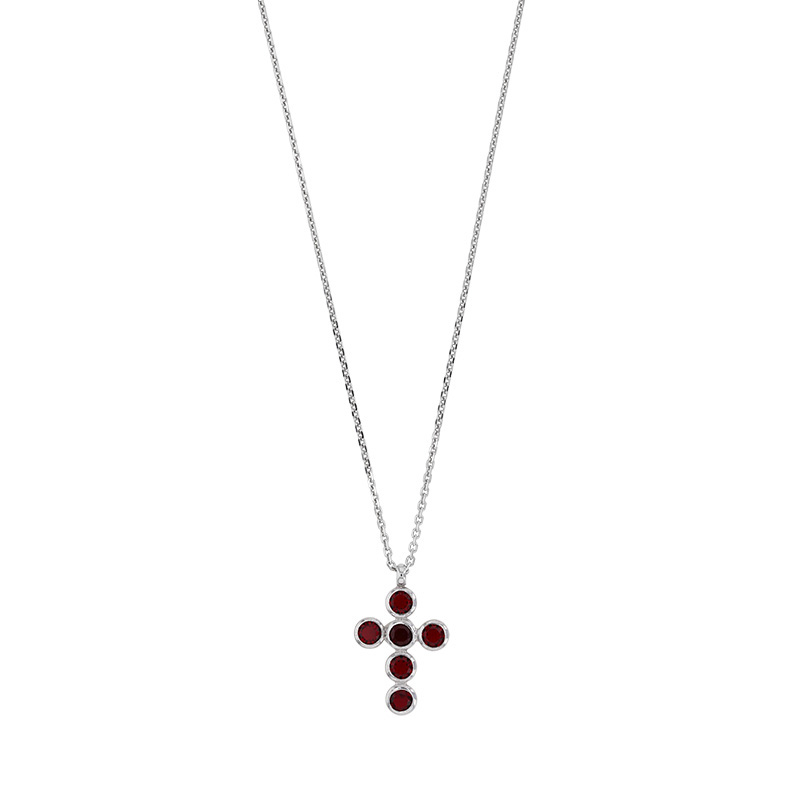 Collier GYPSY MARIA en Argent 925/1000 doré - croix avec cristaux rouge grenat